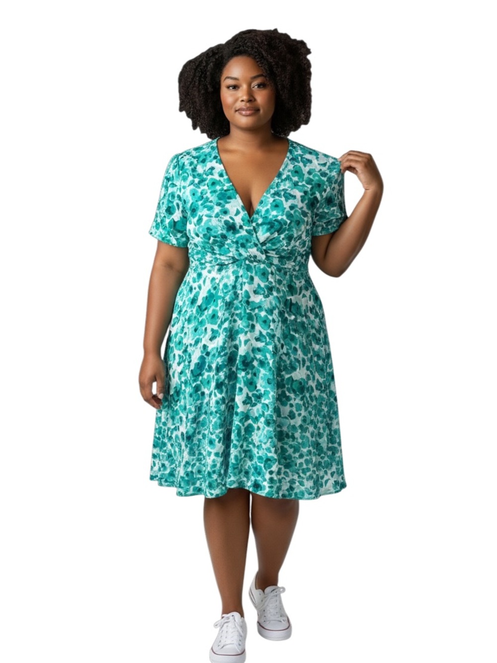Plus Size Teal green chiffon Floral V-Neck dress